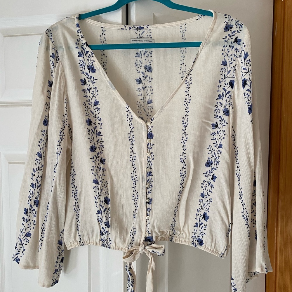 American Eagle off white/cream flowy longsleeve top with blue floral print